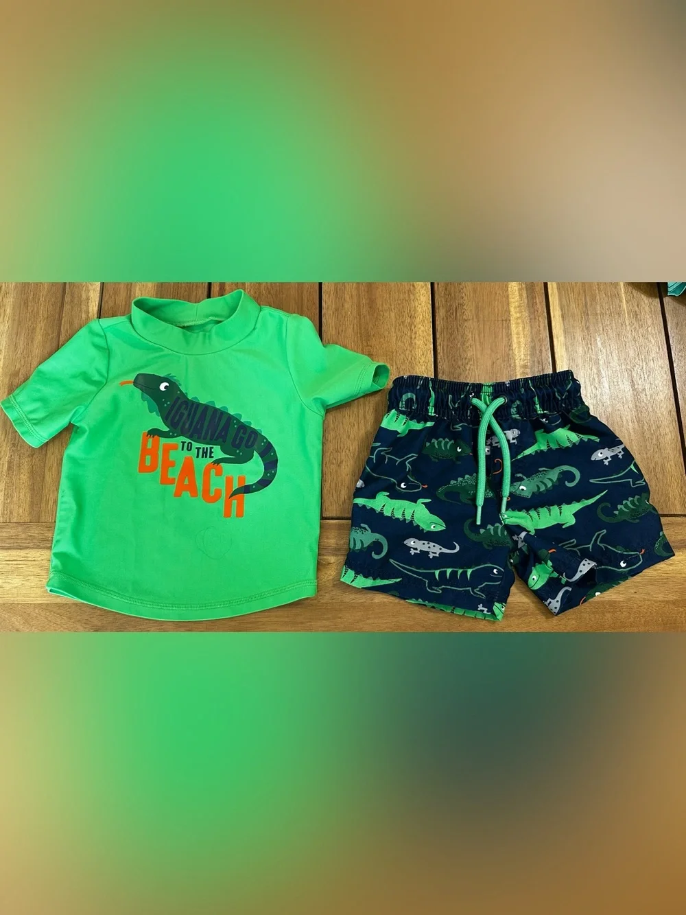 Carter's Neon Green iguana Rash Guard shirt with Navy Swim Shorts size 9m